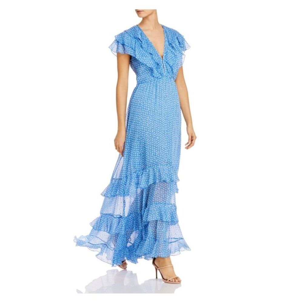 SABINA MUSAYEV Womens Blue Flutter Sleeve Full-Length Fit + Flare Dress L